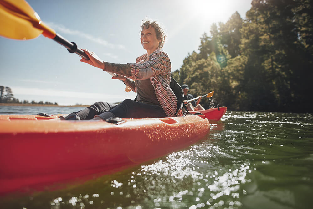 Women in plaid kayaking